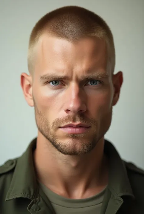 A caucasian man with blonde buzz-cut hair