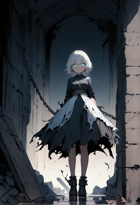 sole girl, full body, standing, short white hair, blue emotionless eyes, securely chained to the stone wall, lightly bowed head, torn clothes, dim light, high resolution, (symmetrical clear eyes:1.2), sense of depth, 4k, best quality, masterpiece, detailed...