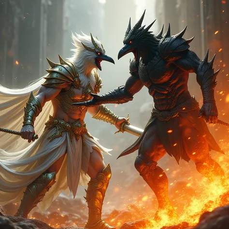 Vektor Create a split image of a battle between a muscular black crow warrior, donned in glowing white armor with gold trim, battling a demon with charred skin, donned in black armor, with flames coming from his body, dynamic movement, dynamic sword fight ...