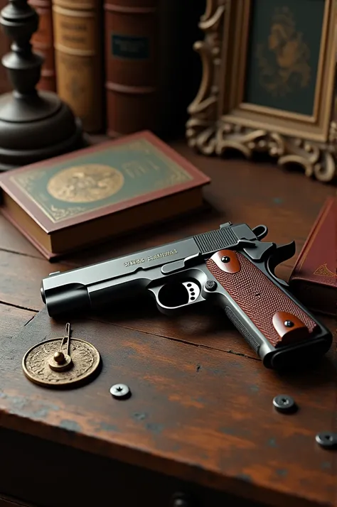 A Colt 1911 on a table surrounded by antique books and paintings