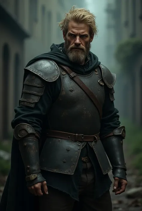  rough unkempt mercenary , 25 years old, long blonde hair,  beard in old tattered plate armor,

gloomy appearance ,  fallen hero

photorealistic 

