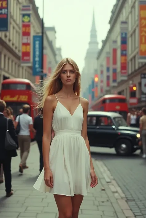 Realistic 80s London and a woman in white on the street