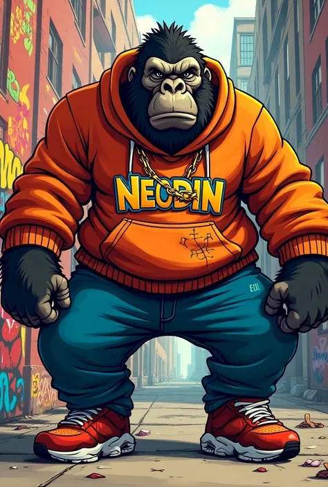 A gorilla in hip hop clothes with the name Neodin in comic style