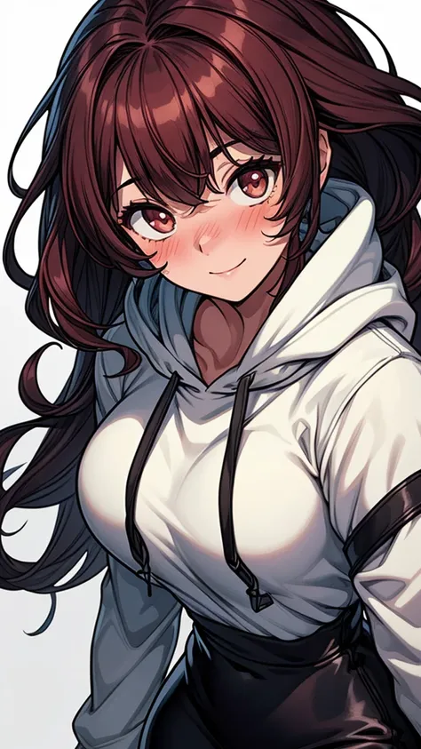 ((((masterpiece, best quality:1.8, high detail)))), (1girl), beautiful (woman), smile, lower body, bright brown eyes, shy, wide-eyed, ((full-face blush)), solo focus, long hair, wavy hair, messy hair, ((dark burgundy hair)), ((white hoodie)), ((black midi ...