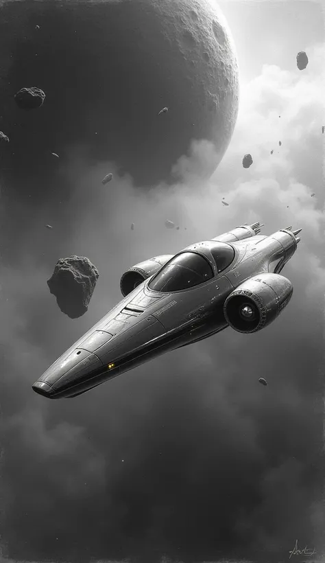 Imagine a painting depicting a sleek, futuristic spacecraft gliding near a large asteroid belt. The graphite medium captures the subtle textures of the spacecrafts reflective surfaces, allowing for intricate detail. The environment is an awe-inspiring spac...