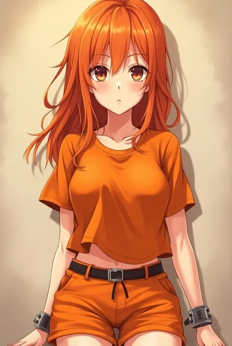 ,( detailed), An anime beauty , （ Wearing Orange Detainee Short Sleeves）（ Orange Prisoner Shorts ）Wearing（ handcuffed together ）（ feet handcuffed together ）