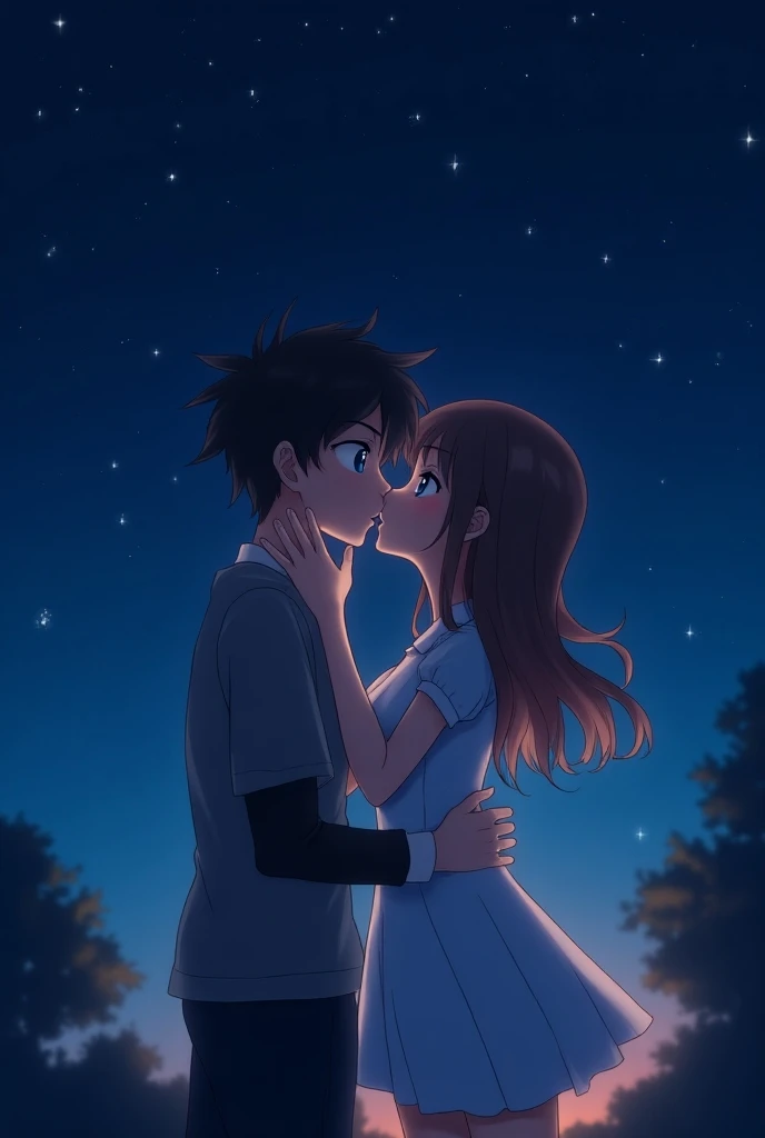 Anime boy with an anime girl kissing hard under the night sky 