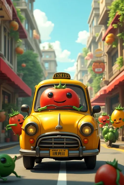 In a bustling vegetable city, a friendly tomato serves as a taxi driver, navigating through busy streets. Passengers hop in and out, and the scene highlights the fun interactions with other vegetable citizens, showcasing the vibrant life of this unique wor...