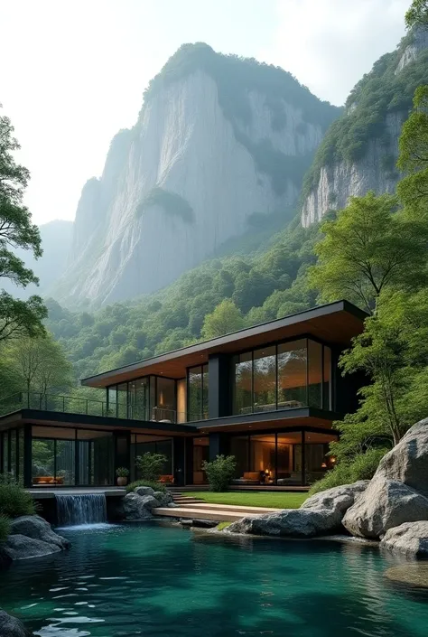 A modern house situated at the base of a towering mountain, surrounded by dense greenery and a majestic waterfall flowing nearby. The house features large glass windows that reflect the stunning landscape, with a natural pool formed by the waterfall at the...