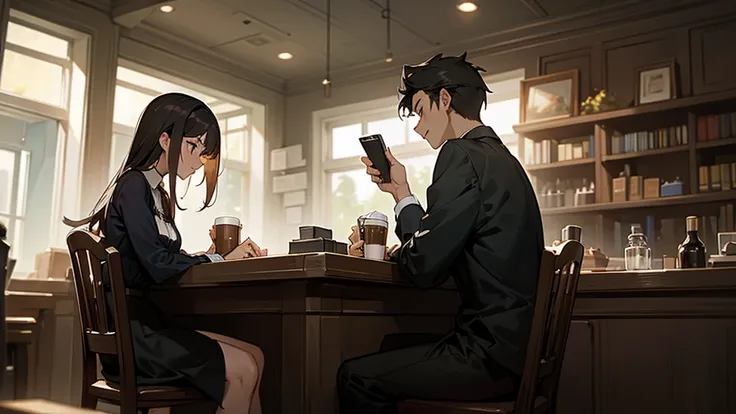 Cafe　 dark-haired female clerk and male customer　 Male Customer Have a Conversation While Sitting　Books and coffee in the seat 