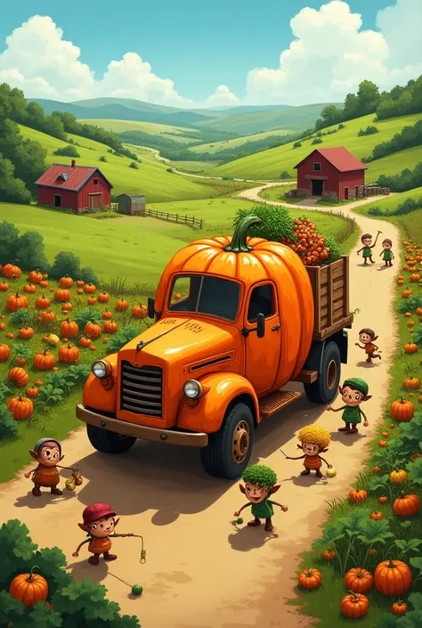 A hardworking pumpkin truck helps farmers transport their harvest. The scene captures the pickup truck, made of a large pumpkin with wooden wheels, as it navigates bumpy fields, showcasing teamwork and community spirit among the vegetable villagers.