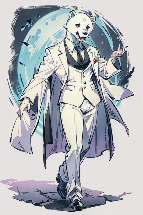 Make a costume of a ghoulish, smiling humanoid white bear wearing a suit, in the Pokémon anime style
