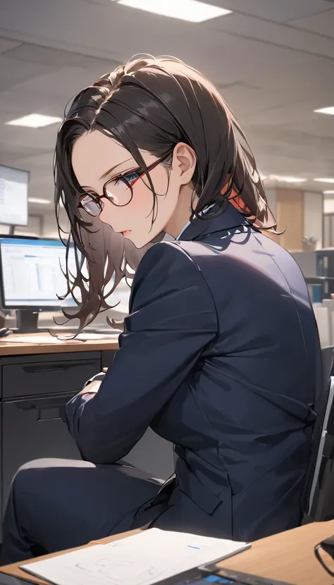 masterpiece, wearing glasses, black hair, forehead, woman, office,  sitting at a desk and concentrating on work, rear view, 静かなo...