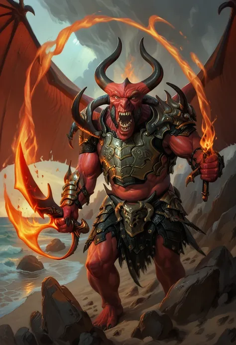 (balor, wings, solo, horns, fire, armor, demon, weapon, no humans, red skin) on a rocky beach