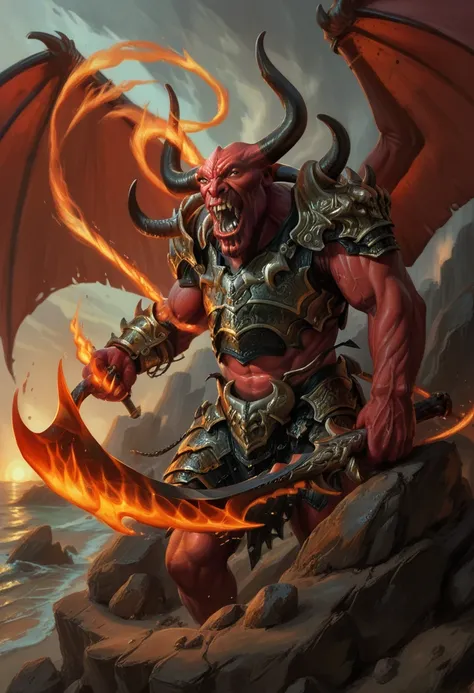 (balor, wings, solo, horns, fire, armor, demon, weapon, no humans, red skin) on a rocky beach