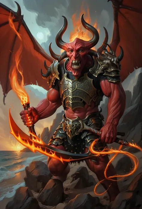 (balor, wings, solo, horns, fire, armor, demon, weapon, no humans, red skin) on a rocky beach