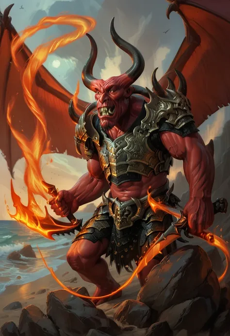 (balor, wings, solo, horns, fire, armor, demon, weapon, no humans, red skin) on a rocky beach