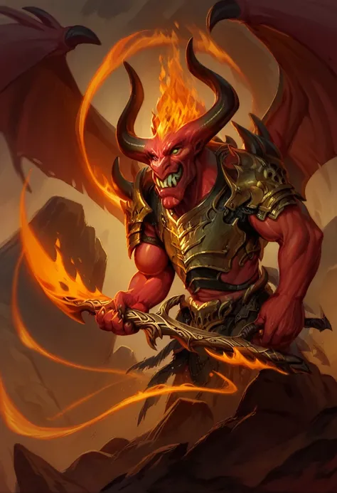 (balor, wings, solo, horns, fire, armor, demon, weapon, no humans, red skin) on a rocky beach