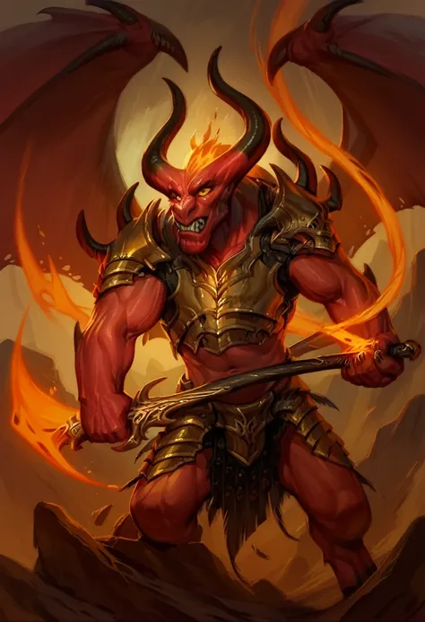 (balor, wings, solo, horns, fire, armor, demon, weapon, no humans, red skin) on a rocky beach