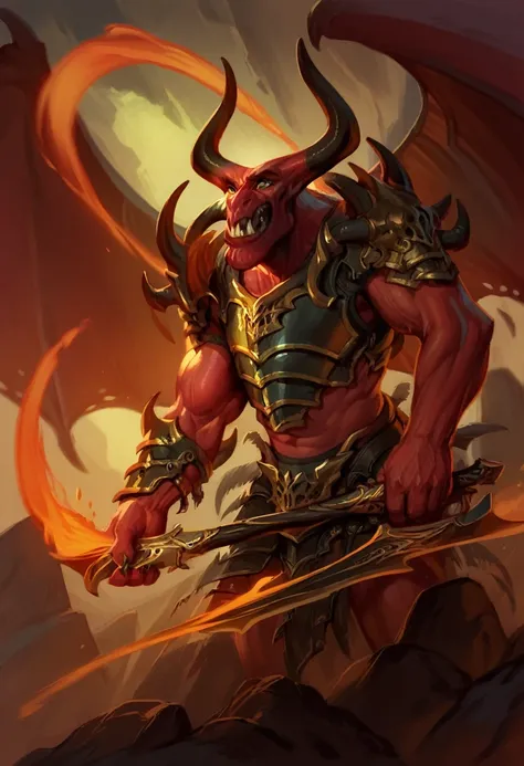 (balor, wings, solo, horns, fire, armor, demon, weapon, no humans, red skin) on a rocky beach