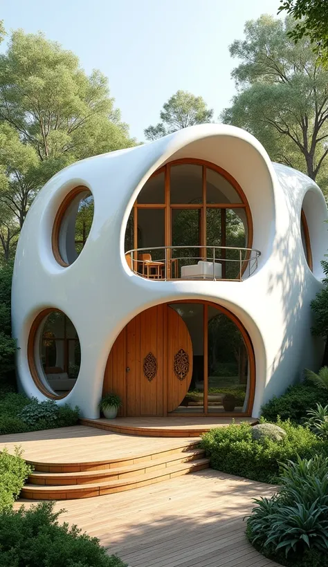 "A modern, eco-friendly two-story house with a unique, curved white exterior, resembling a seashell. The house features large, circular wooden-framed windows and a rounded wooden entrance door with intricate designs. The lower level has a wooden patio with...