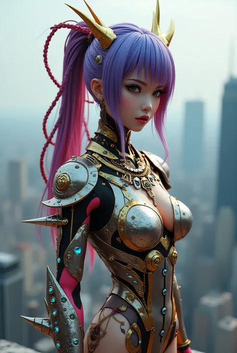 Create a Chinese-Japanese female robot killer image, a muscular body, l, wearing a multi-colored chrome nano suit armor embedded with fantasy diamonds.,With decorations,Ladybug image,Head shape,Wolf head shape,Cross shape,Skull shape,Heart shape,There are ...