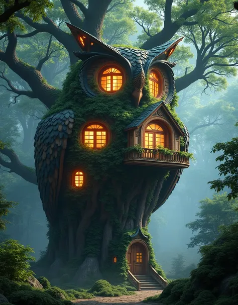 An exquisitely detailed and intricate 3D rendering of a colossal owl-shaped tree house, crafted by a collaboration of artists Michael Kaluta, Aleksandr Kuskov, and Christophe Heughe, using Adobe After Effects and 3ds Max. The owls body is made from a dense...