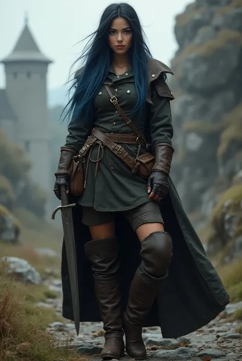  A 23-year-old girl from medieval times. An adventurer outfit , a knife at the waist,  long black hair with blue tips , gray eyes. realistic 