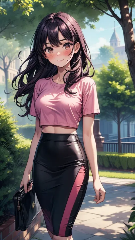 ((((masterpiece, best quality:1.8, high detail)))), (1girl), beautiful (woman), smile, lower body, bright brown eyes, shy, wide-eyed, ((full-face blush)), solo focus, long hair, wavy hair, messy hair, ((dark purple hair)), ((pink t-shirt crop top)), ((blac...