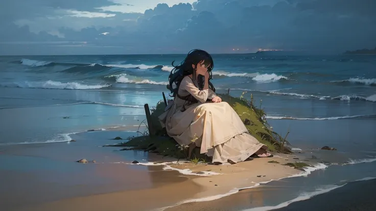 (masterpiece,  best quality: 1.2), Super detailed, Cinema Lighting,  High Resolution , figure, landscape,  1 girl, (soft colors), Post-apocalyptic beach, Night of, Desolate atmosphere, Girl sitting on the beach, Vegetation Covered, (Cloudy), Waves crashing...