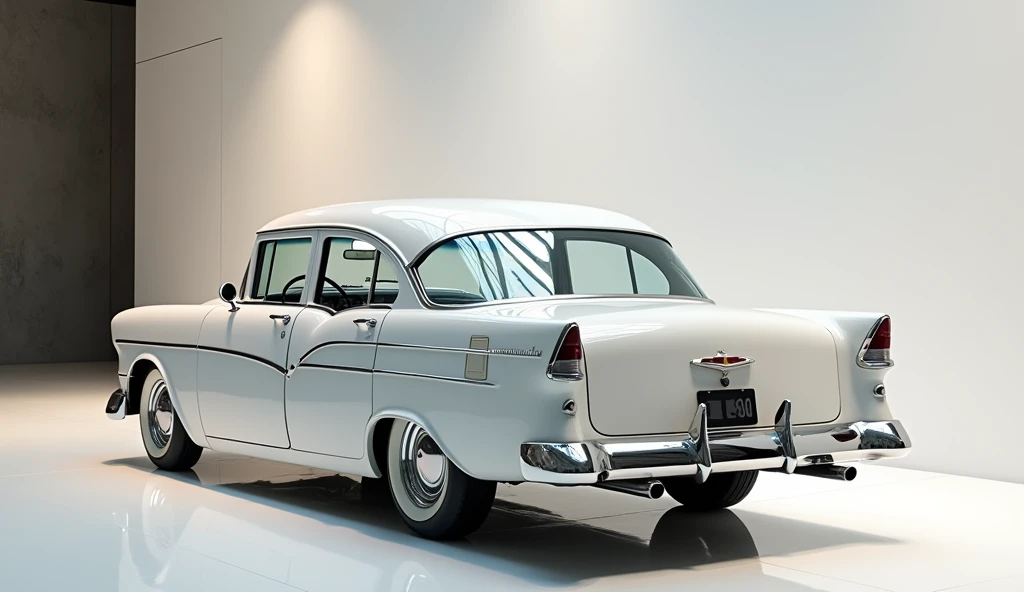 2025 Chevy Bel air parked in showroom back review color white 