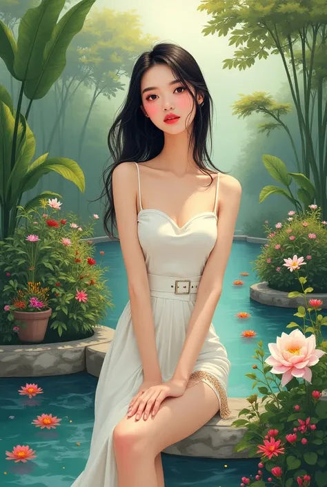 Modern adult Asian girl garden 2D drawing 
