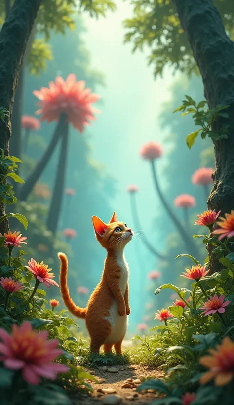 Image 2: **"Arrival in Prehistory"**  
The cat lands in a vibrant, prehistoric landscape filled with lush vegetation, towering trees, and bizarrely beautiful flowers. She looks around in awe, her dress fluttering in the gentle breeze.