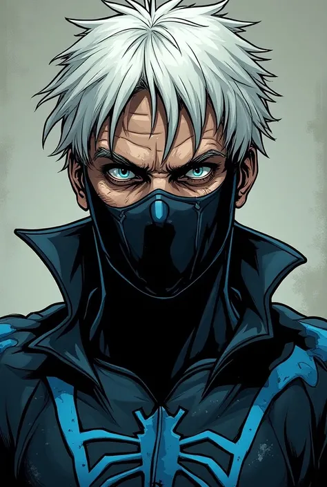  Spiderman comic panel white hair, blue eyes, pale, Spiderman costume black with sky blue , 