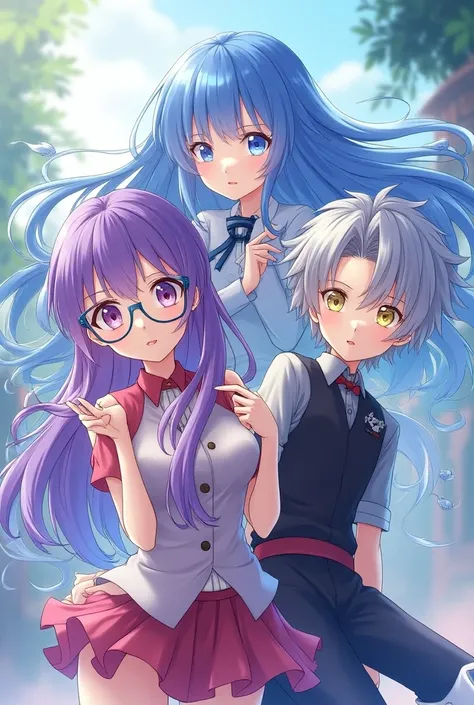 Anime girl with long purple hair with glasses by her side a girl with long blue hair with blue eyes and a boy with silver hair with yellow eyes anime