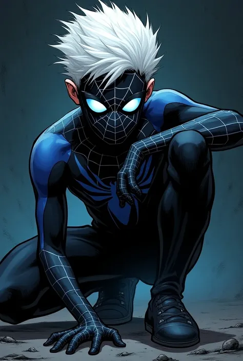  Spiderman comic panel white hair, blue eyes, pale, Spiderman costume black with sky blue , You were a teenager