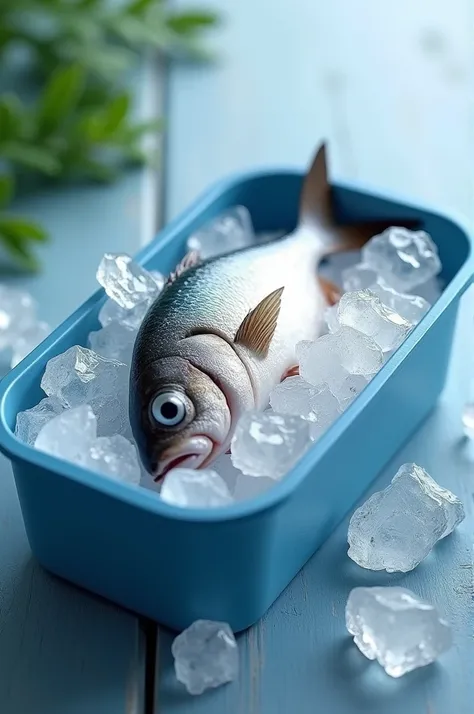 Surmai fish in blue box covered in crushed ice 