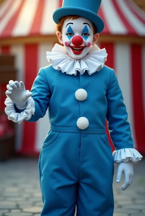 A blue clown outfit blue pants white ruffle around the neck white ruffle on the hands white gloves 