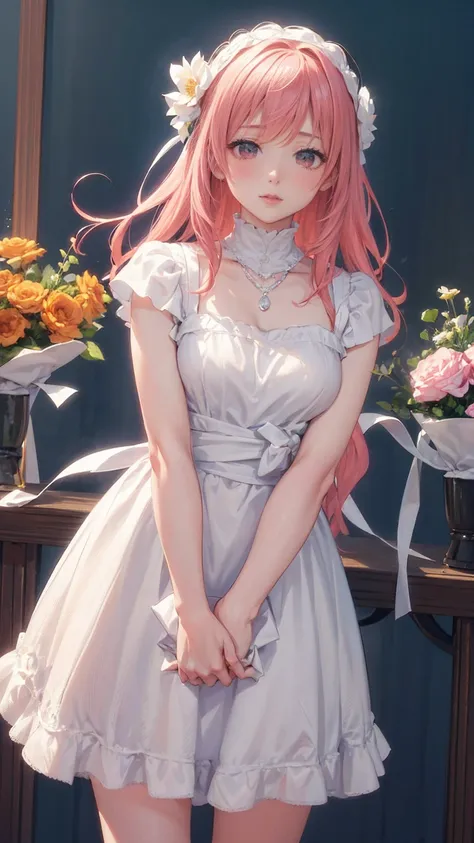 ((masterpiece,  best quality)),  1 girl, flower, Alone, dress, holding, null, cloud, Have, Outdoor, bangs, bouquet, rose, expressionless, ,  Pink Hair, flower field, Red Flower, Pink Eyes, white dress,  viewers,  Medium Hair , Holding flowers, Small breast...