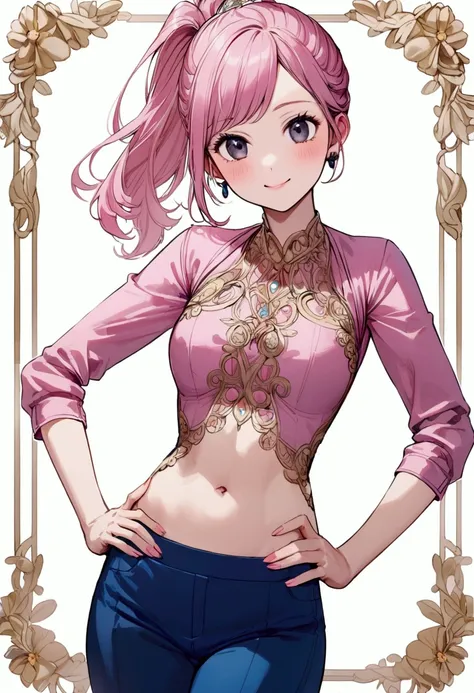 a cute happy and confident , who has pink hair with a ponytail and black eyes, wearing a pink t-shirt where you can see her flat stomach with blue pants, hand on her hip