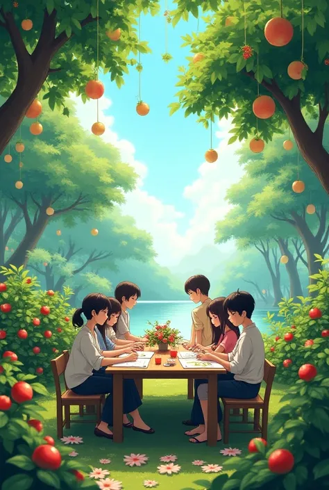 A group of people, sitting around a table, in a garden, beautiful, flowers, fruit, paradise, drawing, anime