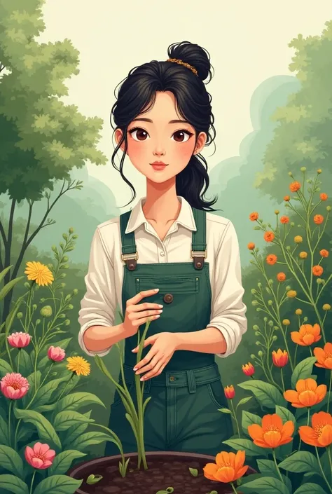 Modern adult Asian girl gardener 2D drawing 
