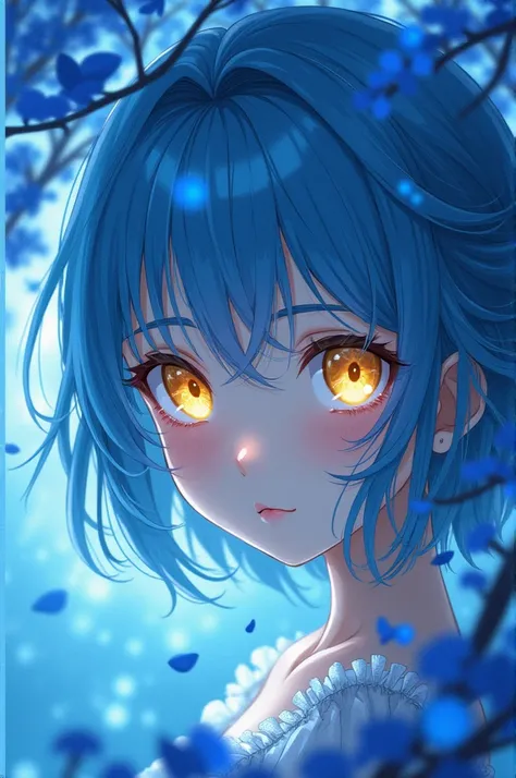 An anime girl with floating blue hair and yellow eyes staring under a blue tree 