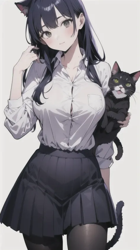 One Girl,   simple white background,  Office Lady Costume、 shortcuts , skirt、Black tights、Cat