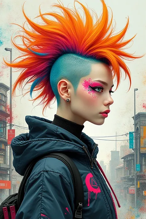 A striking and innovative conceptual art piece that captures the essence of a futuristic character. The subject sports a vibrant aquarelle-inspired mohawk, with their eyes adorned with graffiti-like designs, adding a street art element to their appearance....