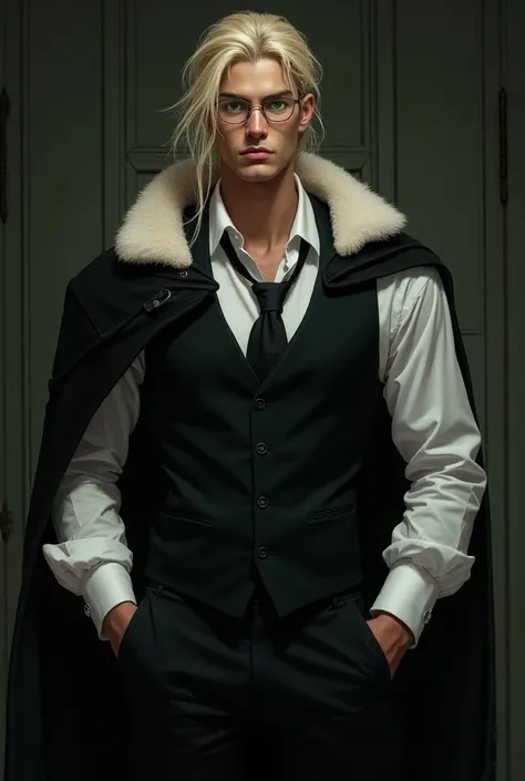  A man in his 20s with long light blond hair tied behind,  but with some locks escaping the tie ;  greenish eyes , but almost white ; rounded glasses ; strong door;  muscles not very apparent;  thick black cover with white fur around the collar;  black ves...