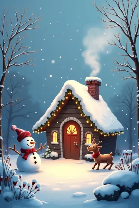 charming,  a snowy hut with smoke rising from the chimney .  Holiday lights adorn the roof and ,  A snowman is standing in the yard with ren playing nearby., warm, Nostalgic atmosphere .
