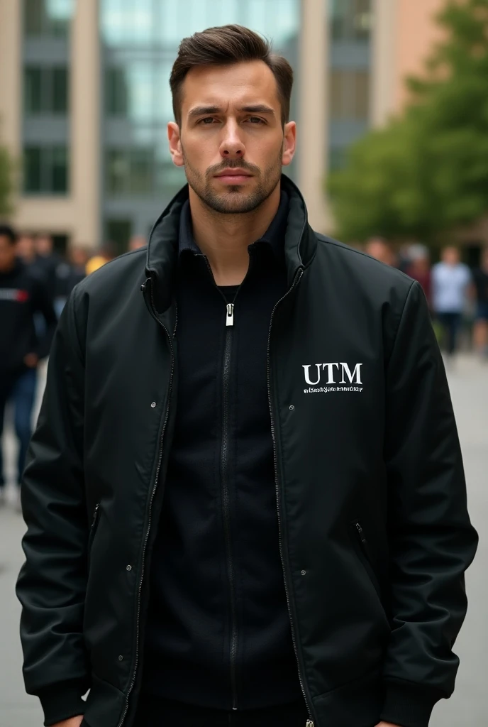 Black university jacket that says UTM  
