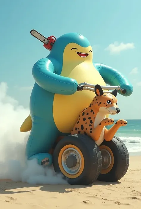 a beach styled big blue inflatable snorlax from Pokémon Unite wearing a Yellow inflatable pool ring with Exhaust pipes, the inflatable blue snorlax with a very large motorcycle rear tires on the bottom of Snorlax’s Legs like a unicycle doing a burnout Ridi...