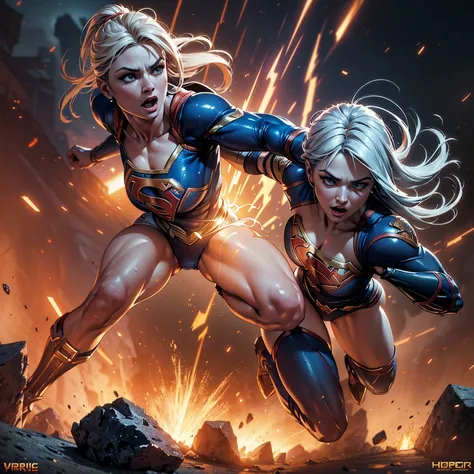 Warrior Supergirl, muscular body. battle pose. intricate, hyper-maximalist, elegant, hyper realistic, epic high details, full details, high resolution, dynamic slight blue lighting, rendering, realism, Photo-realistic, ultra realistic, octane render, unrea...